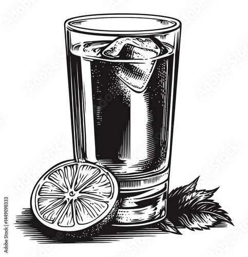 Detailed Black and White Engraving of a Refreshing Beverage with Lemon