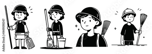 Monoline Doodle Coloring Page of a Child with Cleaning Tools