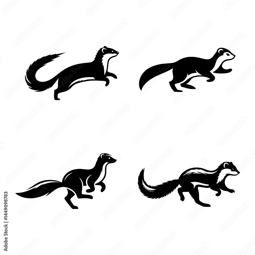 Naklejka premium Running Weasel Silhouette Vector Set – Dynamic Small Mammal Poses for Wildlife, Forest Animal, and Nature-Themed Design Projects
