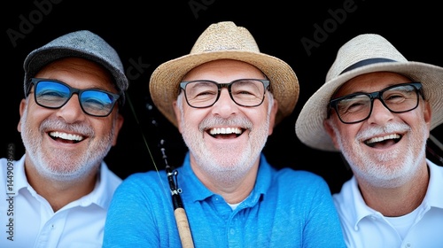 Joyful Elderly Men Smiling and Enjoying Fishing with Friends
