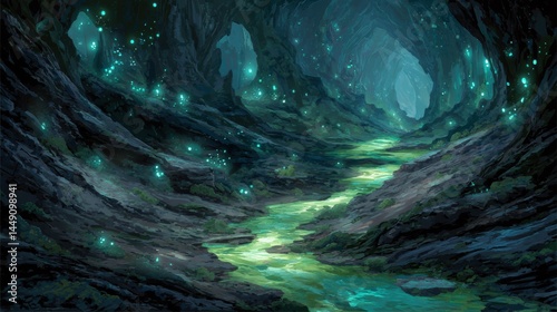 A mystical cave scene illuminated by glowing turquoise orbs. The cavern features rugged rock formations with a smooth, shimmering river winding through the center. The atmosphere is ethereal, with sof