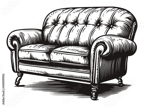 Classic Engraved Illustration of a Plush Couch with Button Detailing