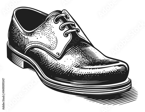 Detailed Engraving of Classic Brown Dress Shoe in Black and White