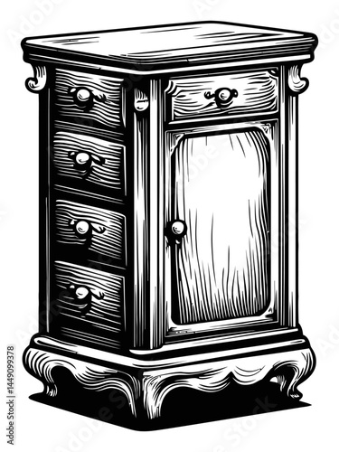 Vintage Engraving of a Detailed Wooden Cabinet with Drawers