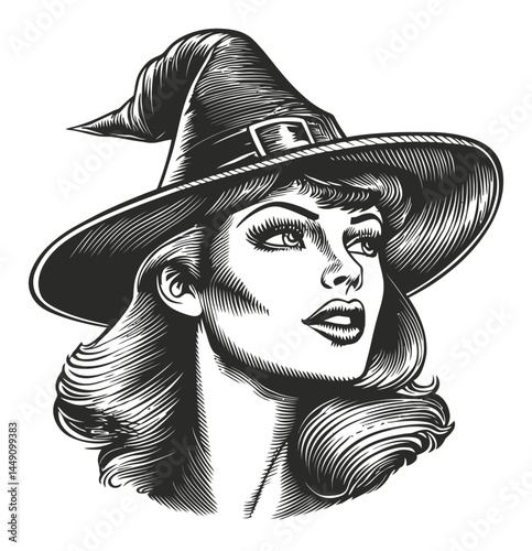 Elegant Witch Illustration in Monochrome Style for Halloween Themes