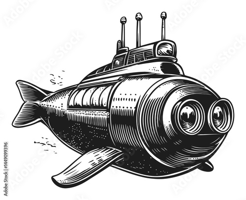 Vintage Style Submarine Illustration with Whimsical Features
