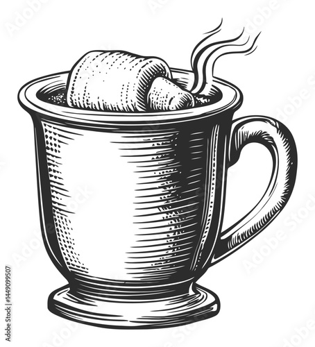 Hand-Drawn Engraving of a Hot Beverage with Marshmallow