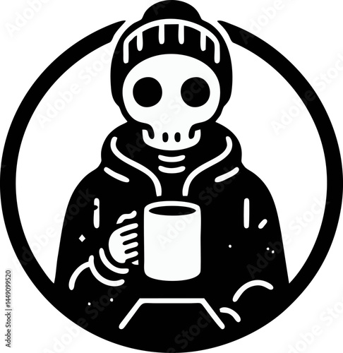 A Skeletal Figure Wearing A Beanie And Hoodie Holding A Mug Within A Bold Circle Design