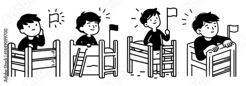 Fun Doodle of Boy with Flags in Various Playful Poses for Coloring