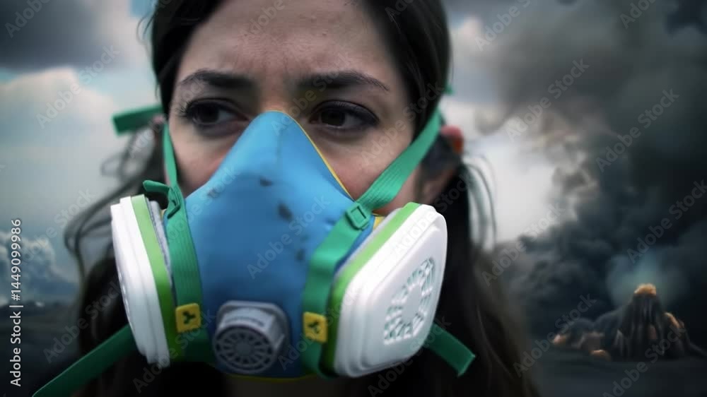 Woman wearing protective mask in an environment affected by pollution