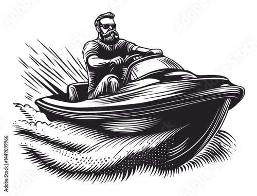 Vintage Style Engraving of a Man Riding a Jet Ski in Action