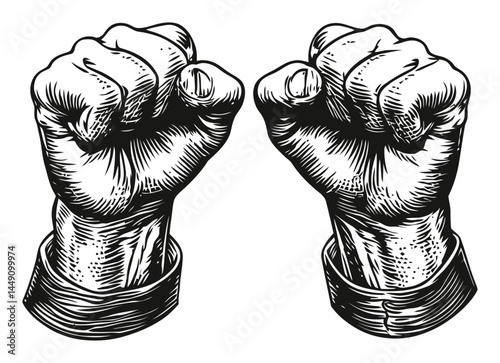 Detailed Engraving of Two Fists Raised in Determination and Strength
