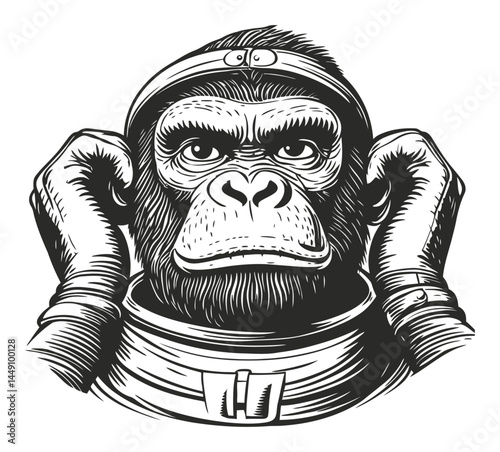 Detailed Engraving of a Monkey in Space Helmet with Serious Expression