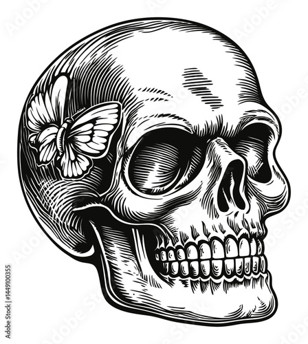 Detailed Vintage Engraving of Skull with Butterfly Illustration