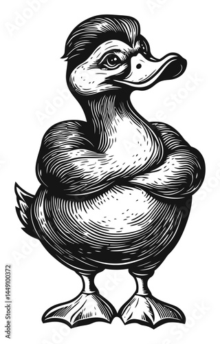 Engraved Illustration of Confident Duck with Arms Crossed