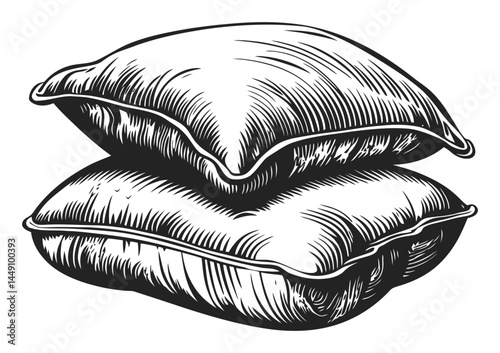 Detailed Engraving of Two Plush Pillows in Monochrome Style