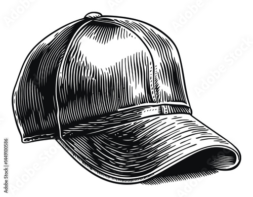 Detailed Engraving of a Classic Baseball Cap in Black and White