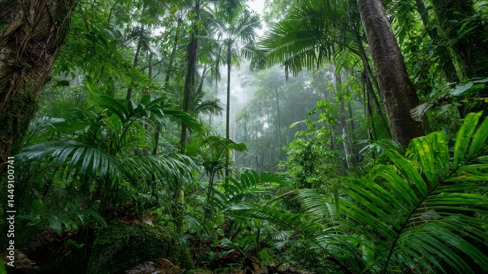Lush green tropical rainforest with dense vegetation, ferns, palms, and trees creating a tranquil and immersive natural environment Lush green tropical rainforest with dense vegetation, ferns, palms, and trees creating a tranquil and immersive natural environment