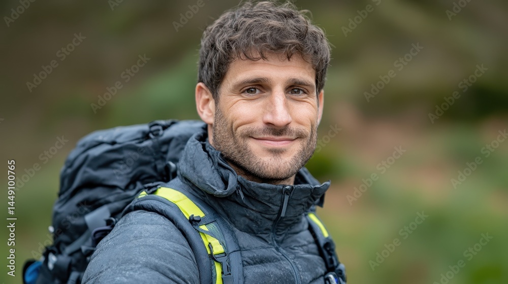 Obraz premium Smiling Male Hiker with Backpack in Nature Adventure Environment