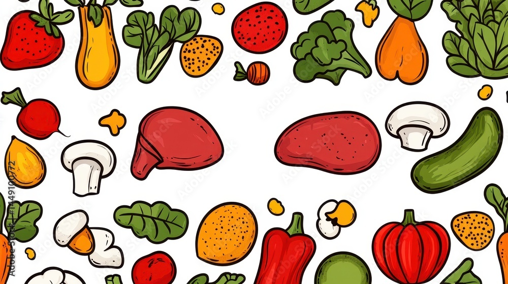 Colorful Hand-Drawn Vegetables and Fruits Pattern on White Background Colorful Hand-Drawn Vegetables and Fruits Pattern on White Background