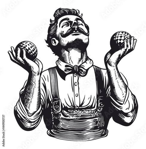 Vintage Engraving of a Man Juggling Two Balls in Illustration Style