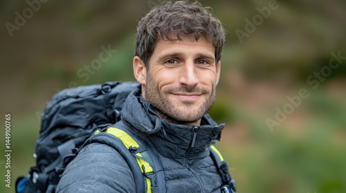 Smiling Male Hiker with Backpack in Nature Adventure Environment
