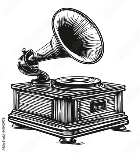 Vintage Engraving of a Classic Gramophone Illustration Artwork