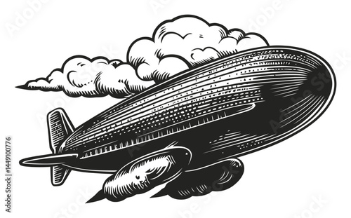 Vintage Engraving of Airship with Clouds in Black and White Style