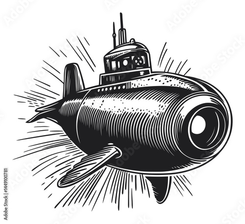 Vintage Style Engraving of a Retro Submarine Illustration