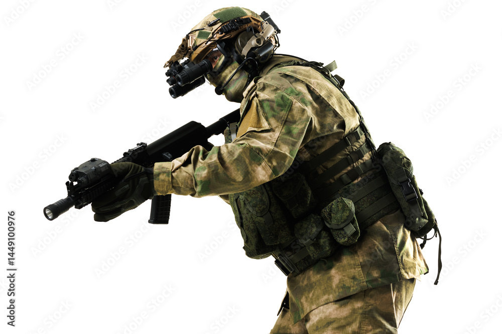 Fototapeta premium Soldier in full camouflage gear aiming weapon in isolated studio backdrop