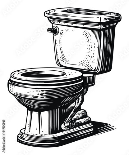 Vintage Engraving of Classic Toilet Illustration in Black and White