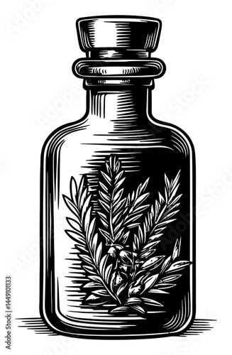 Vintage Engraving of a Herb Bottle with Intricate Illustration
