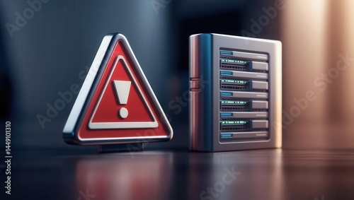 Cybersecurity awareness best practices concepts. A red warning sign stands next to a server rack, indicating a possible server error or network issue in a technology environment.