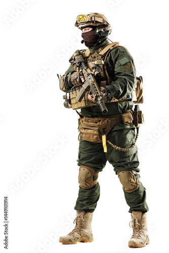 Equipped tactical soldier standing ready with full armor and advanced gear