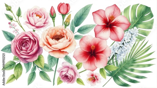 Set of beautiful flowers, roses, ranunculus, hibiscus, leaves, hyacinth, chrysanthemum, palm leaf on an isolated white background. Watercolor painting hand drawing, botanical illustration 
