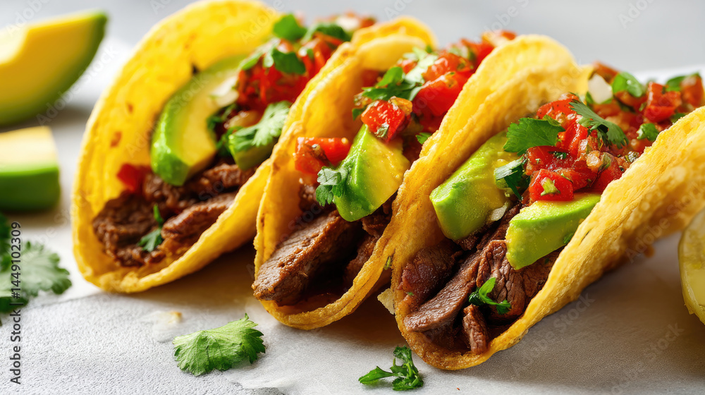 Delicious beef tacos with avocado and salsa Delicious beef tacos with avocado and salsa