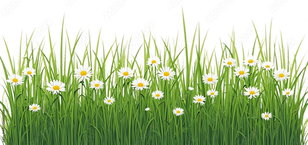 Fototapeta premium A vibrant, fresh spring green grass lawn edge border, adorned with daisy flowers isolated against a transparent background. Generative ai