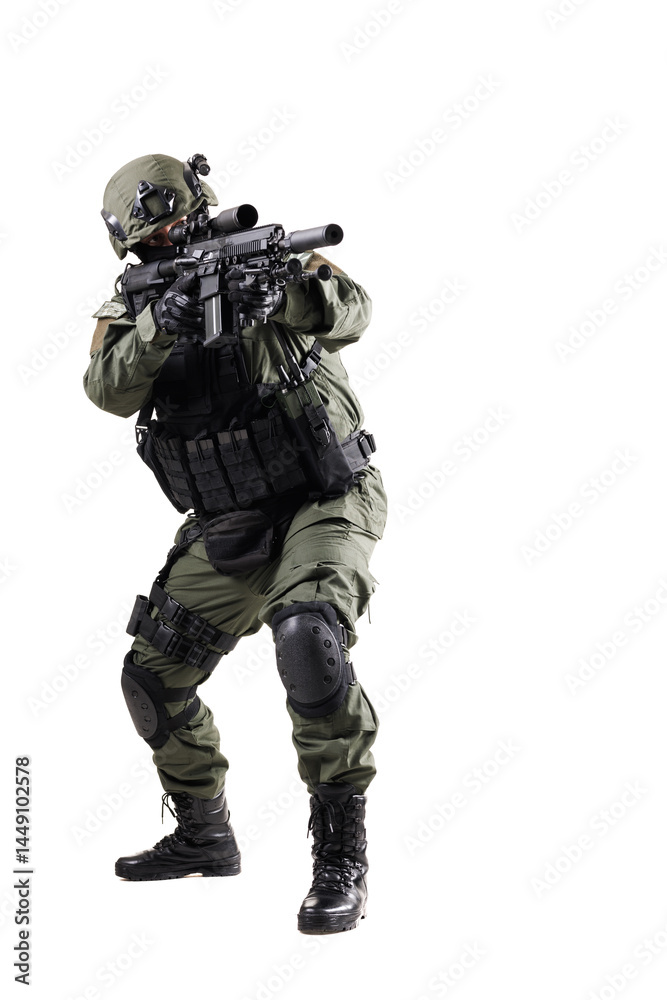 Tactical Soldier in Full Gear with Weapon on White Background Tactical Soldier in Full Gear with Weapon on White Background