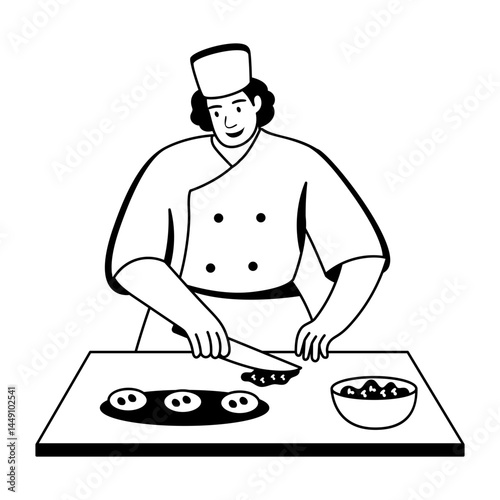Chef cutting vegetables illustration in glyph style 

