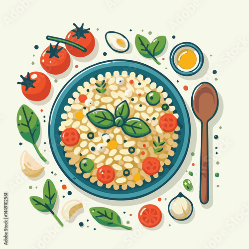 food, rice, risotto, dish, dinner, meal, plate, gourmet, italian, cuisine, lunch, cheese, parmesan, healthy, background, delicious, traditional, tasty, cooked, homemade, vegetable, recipe, top view, m