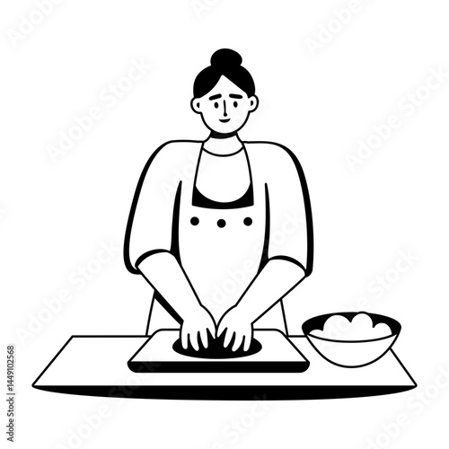 A woman kneading dough, glyph style illustration 


