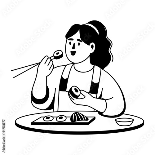 A glyph illustration of a woman eating sushi with chopsticks 

