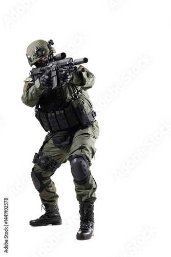 Tactical Soldier in Full Gear with Weapon on White Background