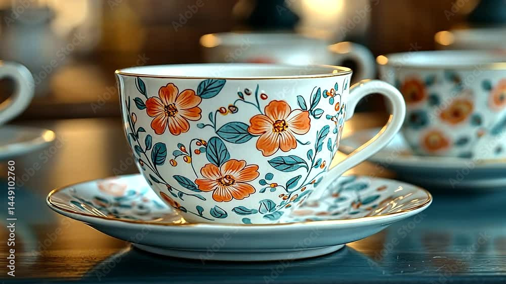 Floral teacup and saucer set on a table Floral teacup and saucer set on a table