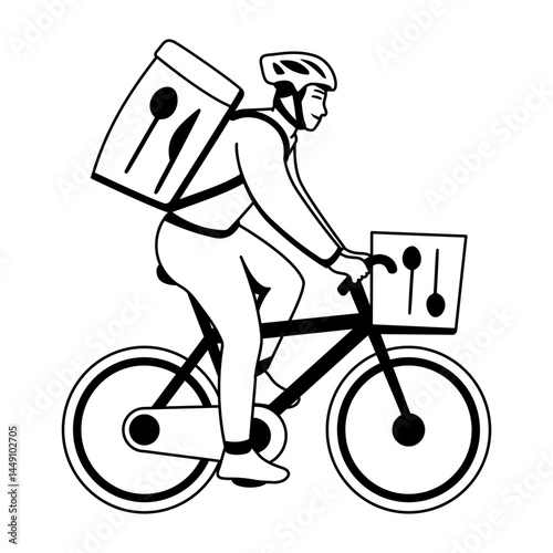 Delivery person riding a bicycle, glyph style illustration
