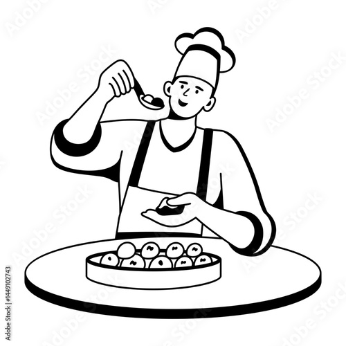 A chef tasting food illustration in glyph style 

