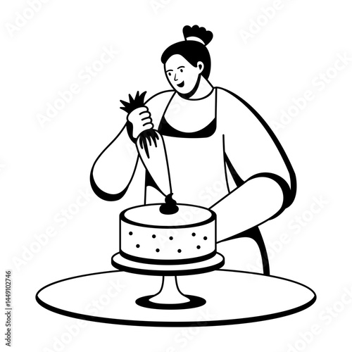 A glyph illustration of a character decorating cake with icing cream 
