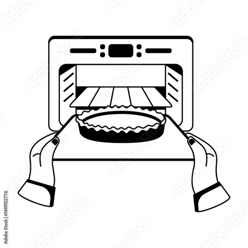 Baking pie in oven illustration in glyph style 

