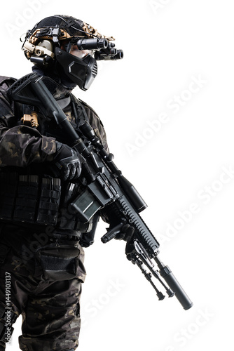 A tactical soldier in specialized gear holding a rifle with attachments on a white studio background