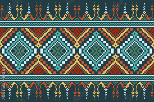 Cross Stitch pattern with Floral Designs. Traditional cross stitch needlework. Geometric Ethnic pattern, Embroidery, Textile ornamentation, fabric, Hand stitched pattern, Cultural stitching pixel art.